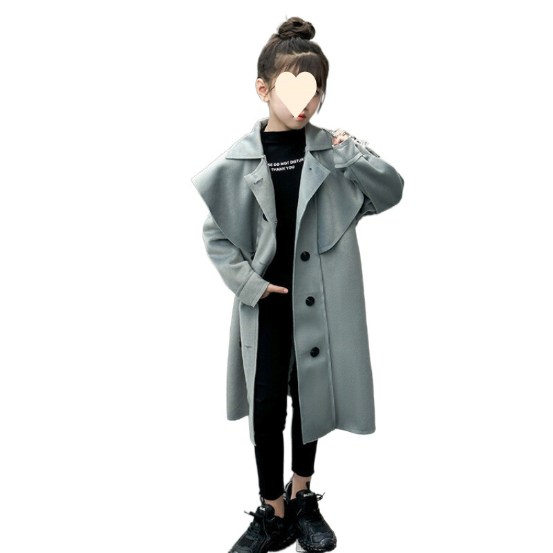 겨울 여아용 솔리드 컬러 울 롱 한국 스타일 코트 중대형 어린이용 스타일리쉬 더블 버튼 더블 페이스 벨벳 두꺼운 코트