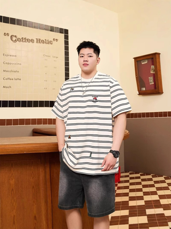 トレンディなブランド大きいサイズメンズ刺繍半袖Tシャツメンズ夏ルーズプラスファットプラスサイズカジュアルストライプ半袖Tシャツ|undefined