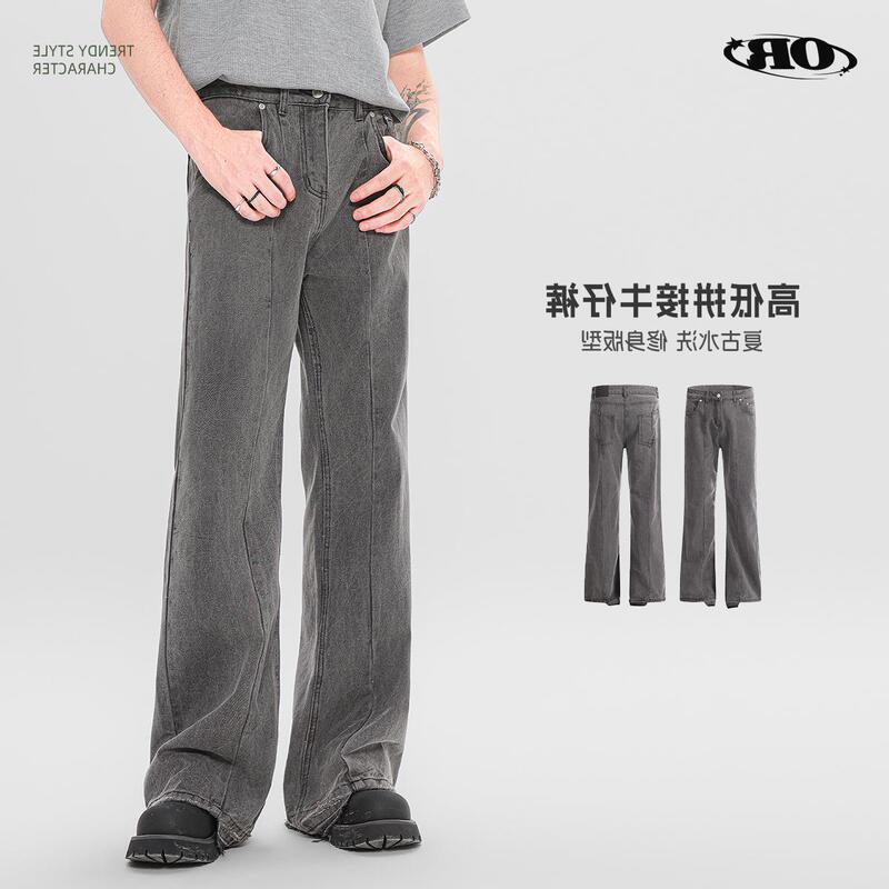 OREETA design high and low stitching washed slim jeans high street cleanfit straight jeans men