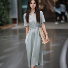 法式通勤短袖V领连衣裙2025夏款高级感气质抽绳收腰显瘦衬衫裙子