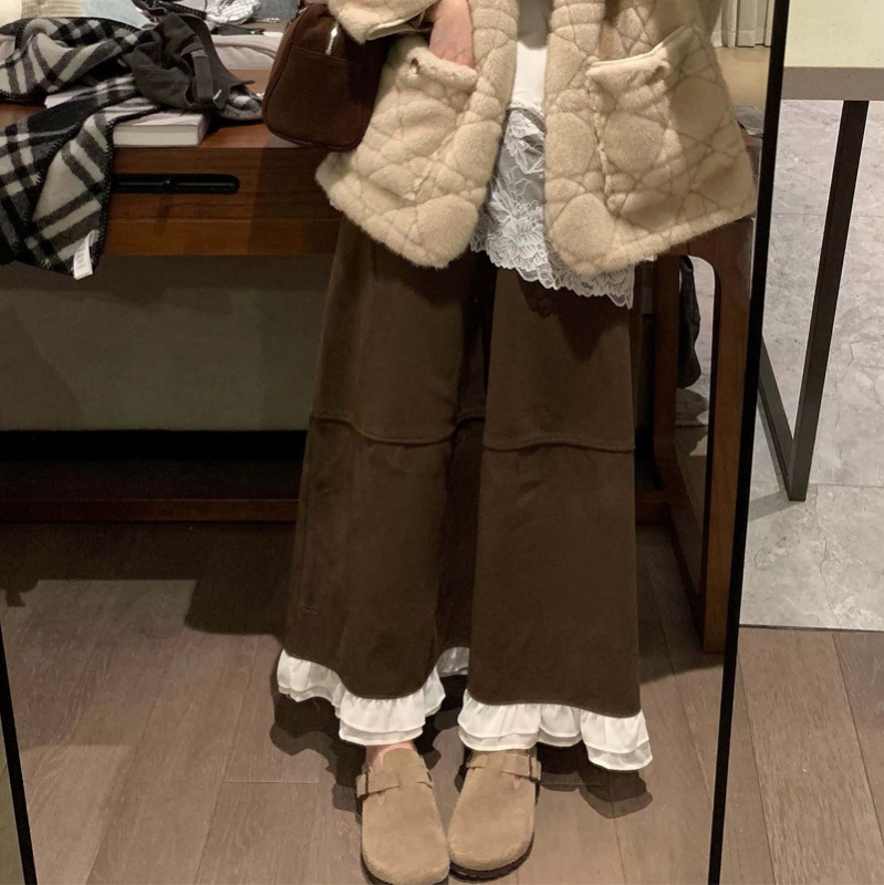 韩版减龄百搭宽松垂坠顺滑保暖高腰毛呢花边撞色过膝长裙伞裙女装|undefined