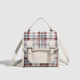 白桃乌龙格子背包2024新款蝴蝶结双肩包包女式可爱手提单肩包书包