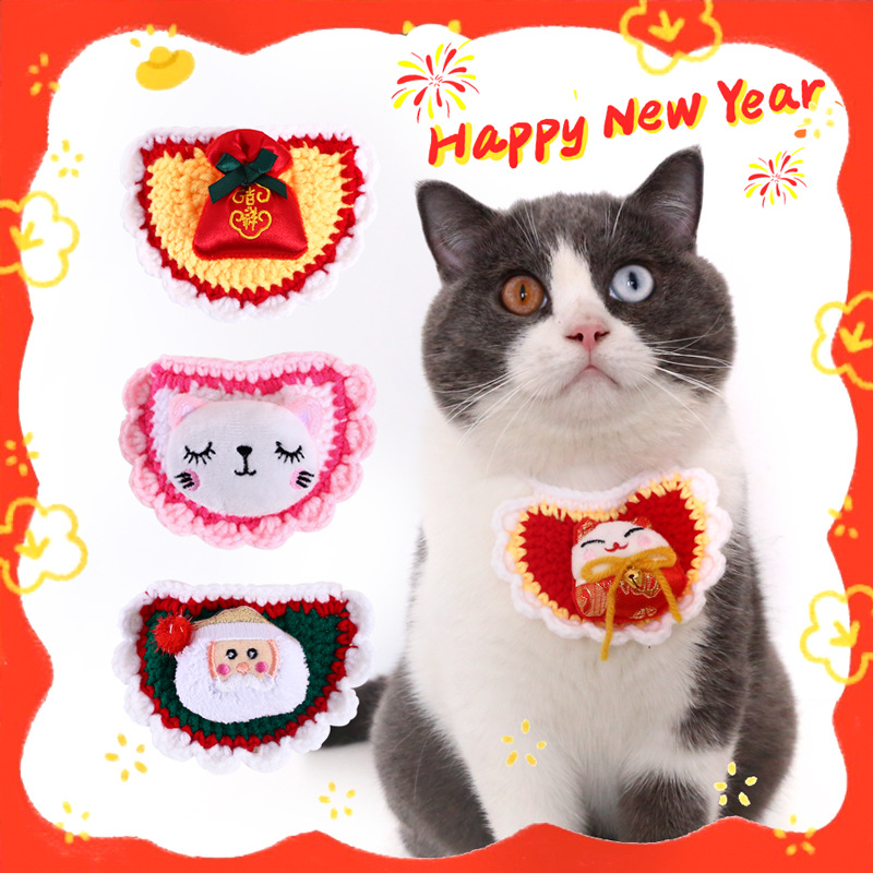 Mascota de punto Año Nuevo Navidad suerte bolsa dibujos animados babero gato perro conejo lana saliva toalla bufanda del Festival Primavera image 2