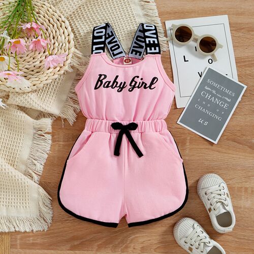 Cross-border children's clothing Amazon Instagram girl's letter print pull-on romper with spaghetti straps and bow tie romper dress
