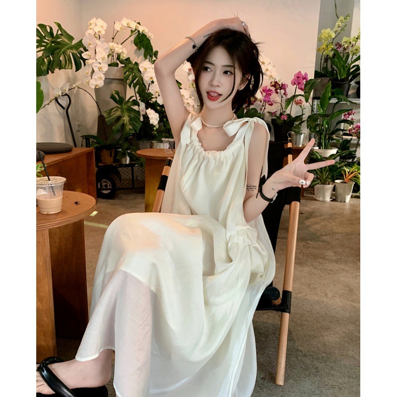 프랑스 스타일 레이스 업 젠틀 스타일 슬링 원피스 여성 여름 새로운 백리스 해변 휴가 해변 원피스 틈새 롱 원피스