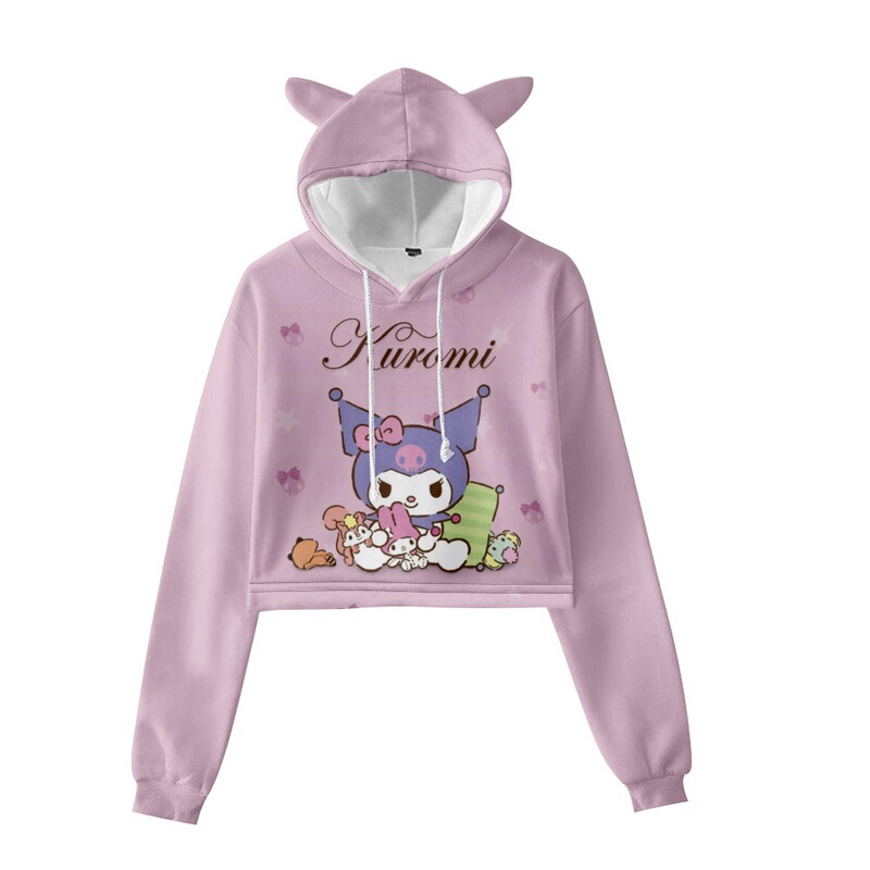 New Foreign Trade Anime Kuromi Element Pink 2-Printed Cropped Hoodie with Long Sleeves for Spring and Autumn