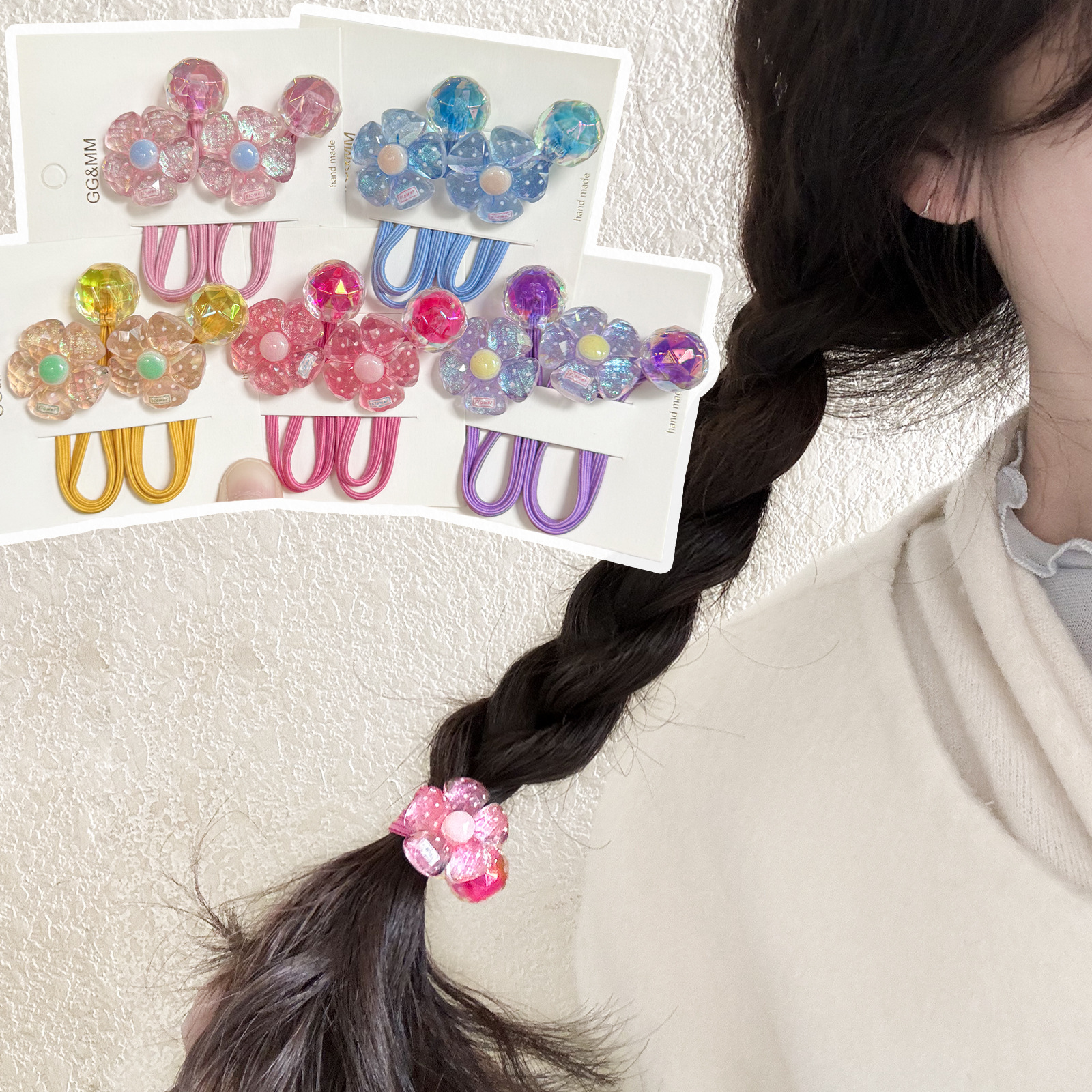 A168 flores de color cuerdas de cabello planas para el cabello de niños dibujos animados azúcar corazón anillo de cabello cuerda de cabeza cola de caballo adorable tocado de correa image 4