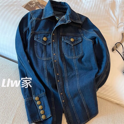 Heavy Industry Denim ~ Metal Button Denim Jacket for Women 2025 Autumn Single Button Long Sleeve Top for Petite Women