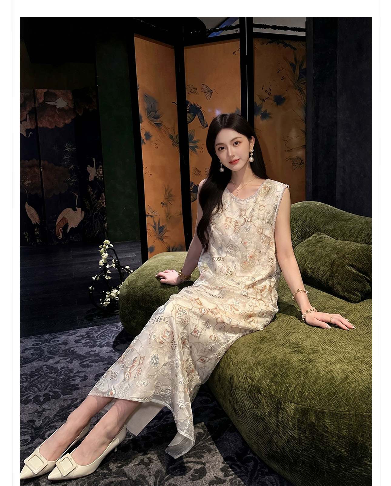 Bộ áo vest không tay và chân váy midi thêu ren cườm phong cách Tân Trung Hoa — bộ đồ, nửa váy, Trang chủ chi tiết 3