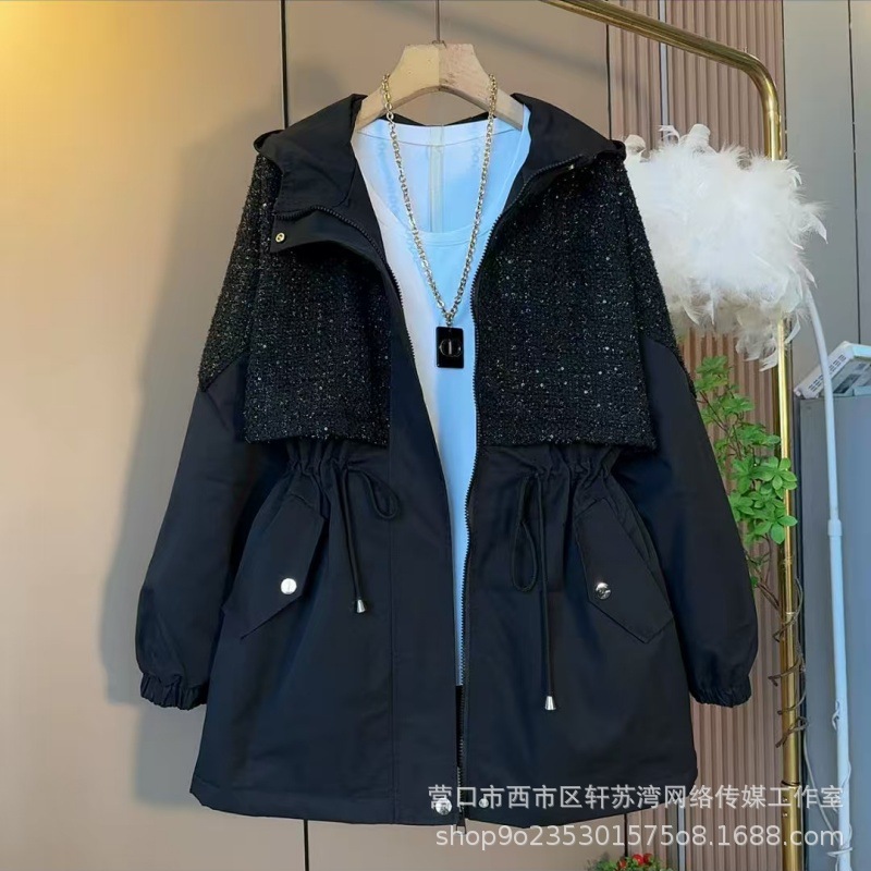 秋季新款洋气连帽拼接长袖亮丝抽绳显瘦遮肚百搭加棉风衣外套
