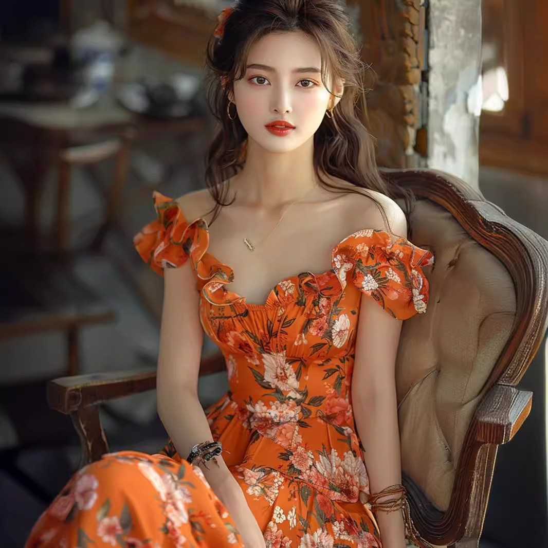 Váy trễ vai hoa nhí màu cam dáng maxi thắt eo phong cách Pháp — Màu cam