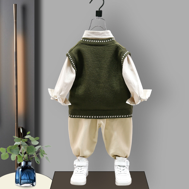 4283 traje de ropa de otoño para niños 2023 nuevo estilo occidental Bebé Suéter para niños chaleco camisa conjunto de tres piezas bebé primavera y otoño
