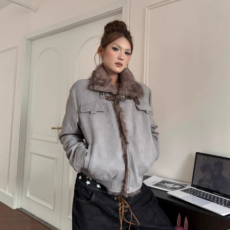 Women's Winter Thick Warm Flight Jacket Made of Faux Suede Eco-Friendly Fur Cotton Coat