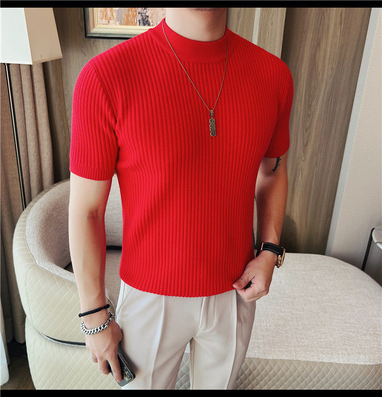 Herren Schwarz Hochgeschlossener Kurzarm Strickpullover Slim Fit_voghion.com