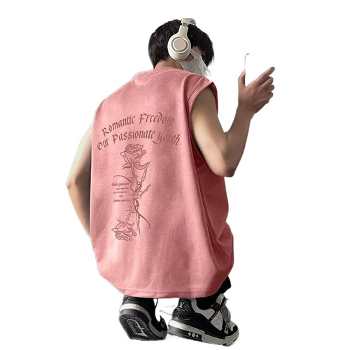 Men's American-style vest summer suede rose trend brand high street sports large size shoulderless shirt cool and handsome sleeveless men's t-shirt 