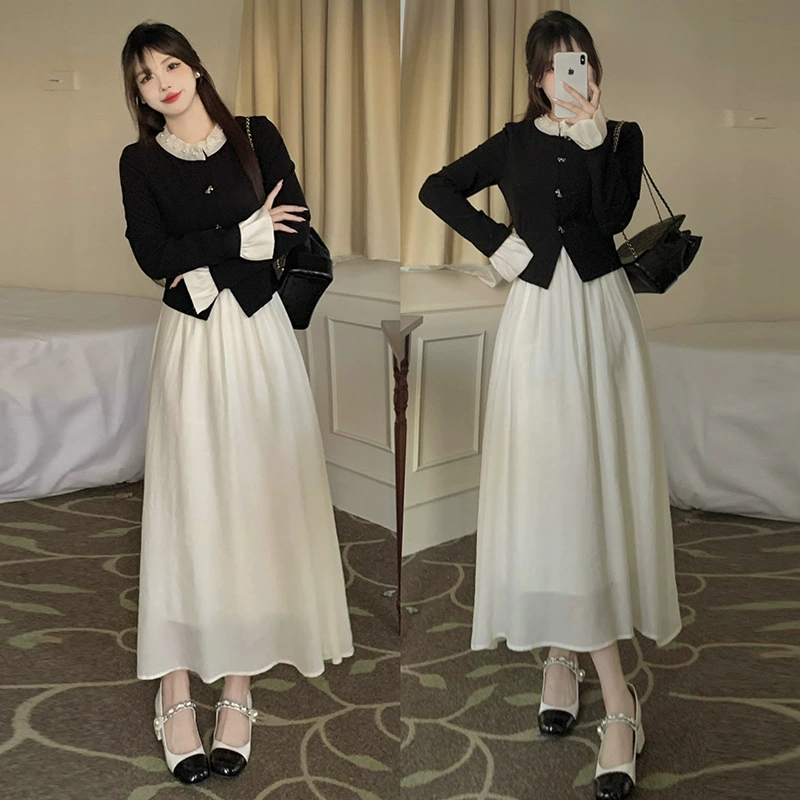 Новая модель 2024 года: платье-фальш-двойка для полных девушек, юбка А-силуэта с длинной внутренней юбкой, стройнящее платье в стиле принцессы (реальные фото)