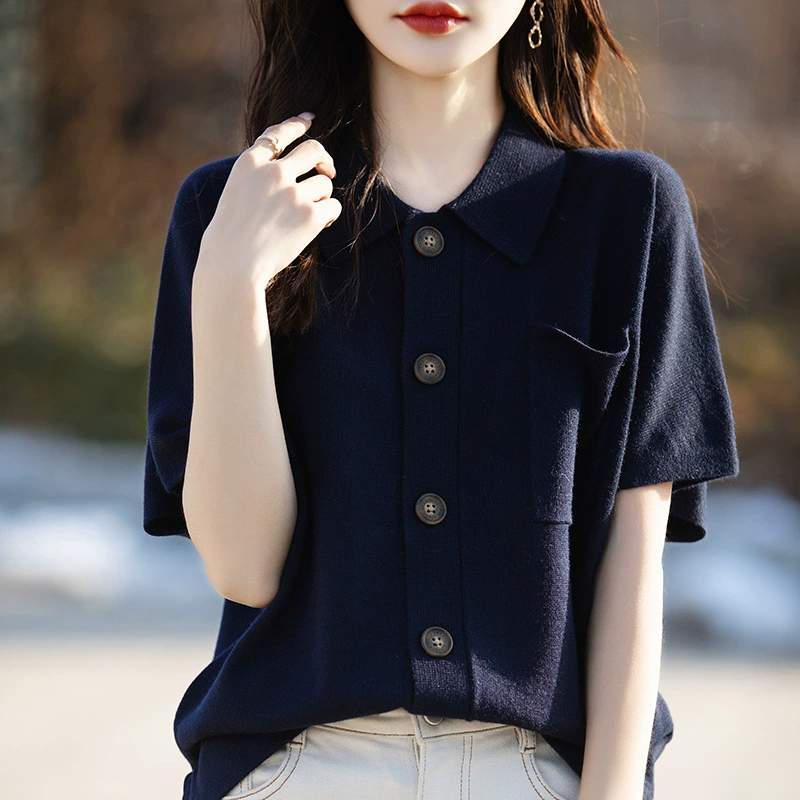 Весна-лето 2025, новый однотонный кардиган из ультратонкой камвольной шерсти с лацканами, женская рубашка с короткими рукавами, простой и универсальный
