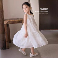 女童連衣裙2024新款兒童夏裝法式繡花公主裙時髦長裙中大童吊帶裙