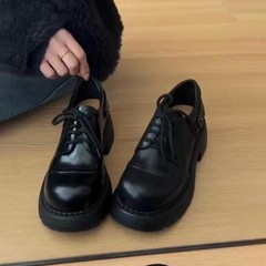 羊皮版~厚底大头乐福鞋女深口系带真皮单鞋百搭英伦风粗跟小皮鞋
