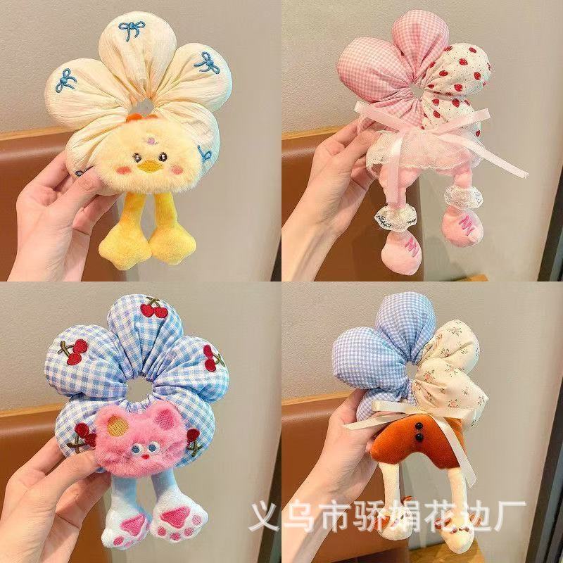 可爱卡通毛绒花朵发圈女童儿童扎头发绳表演发饰格子蝴蝶结头绳