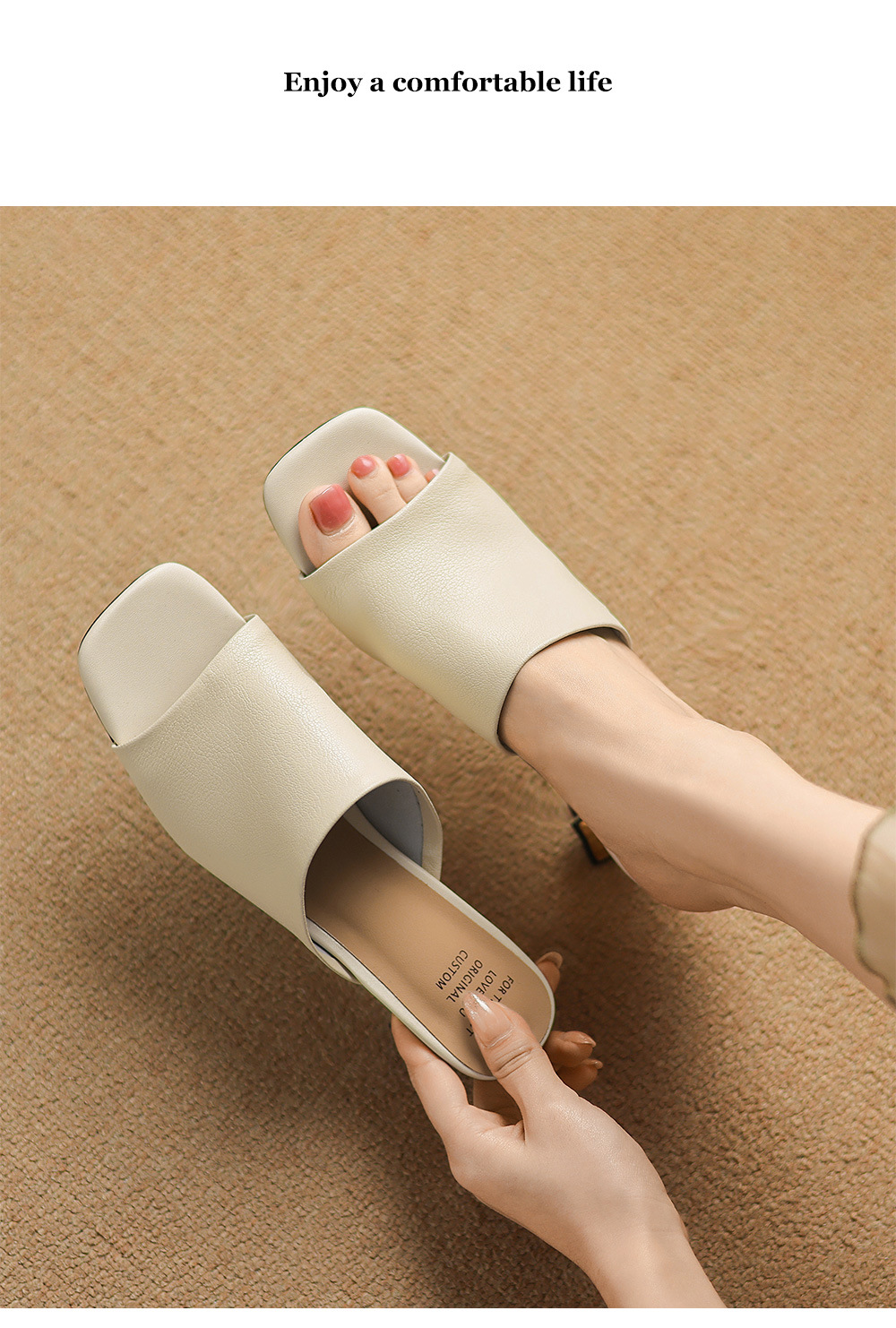 Sandal cao gót nữ mũi hở da cừu gót vuông 5 cm — đen chi tiết 9