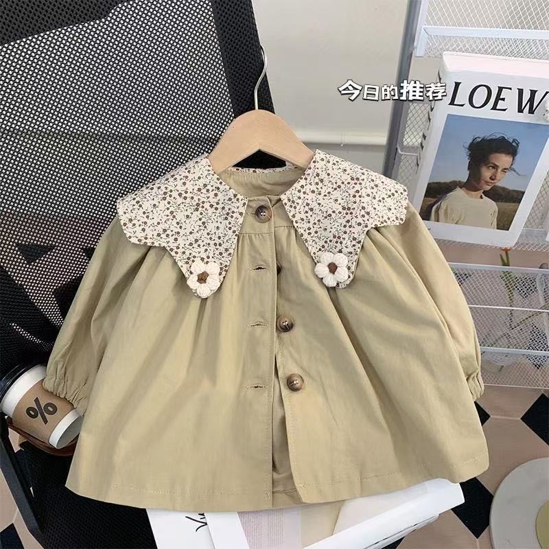 Girls 2025 Baby Spring & Fall Korean Style Khaki Outerwear Kidsren's Fashionable Floral Doll Collar Windbreaker Jacket