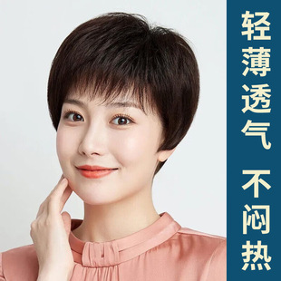 Wig Headgear Short Hair Real Hair Full Headgear Middle-Aged and Elderly Ladies Mother Style Fluffy White Hair Wig Set Wholesale