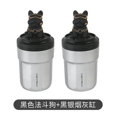 Car ashtray with light, Car ashtray - silver-black-ashtray-black-french-bulldog2-pieces