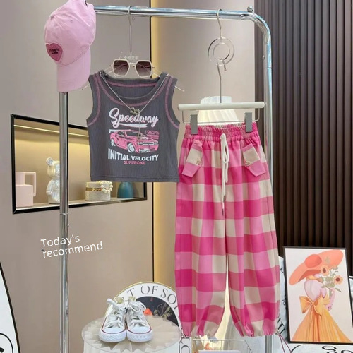 Children's Set 2024 Summer New Casual Sleeveless Top and Trendy Plaid Pants Two-Piece Set for Kids Thin Model