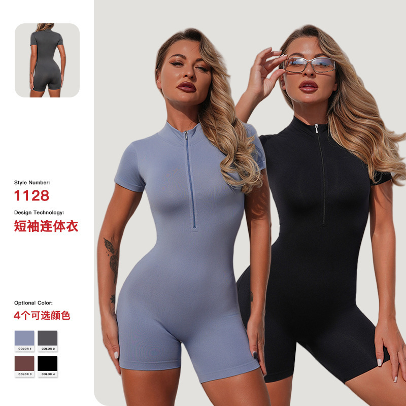 Cross-Border European and American Zipper Short-Sleeved Fitness Sports Running Jumpsuits Jumpsuits Tight Yoga Clothes Women's Solid Color