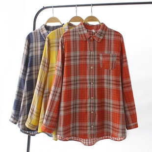 Large Size Women's Clothing 2021 Early Autumn Double-layer Yarn Plaid Shirt for Chubby Girls Loose Flesh Covering Artistic Style Shirt 781967