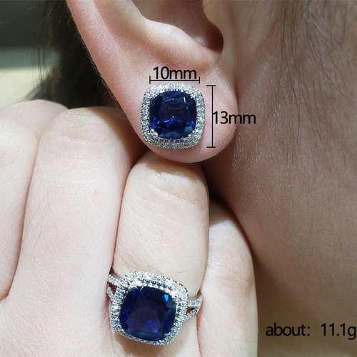 Cao Suitable European and American Style Jewelry Set, Fashion Square Royal Blue Zircon Series Accessories, Luxurious and Elegant Jewelry