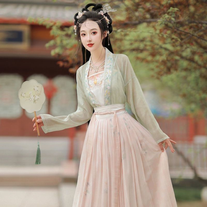 小个子汉服细雨空山春夏宋制绣花吊带印花短衫齐腰百褶裙日常|undefined