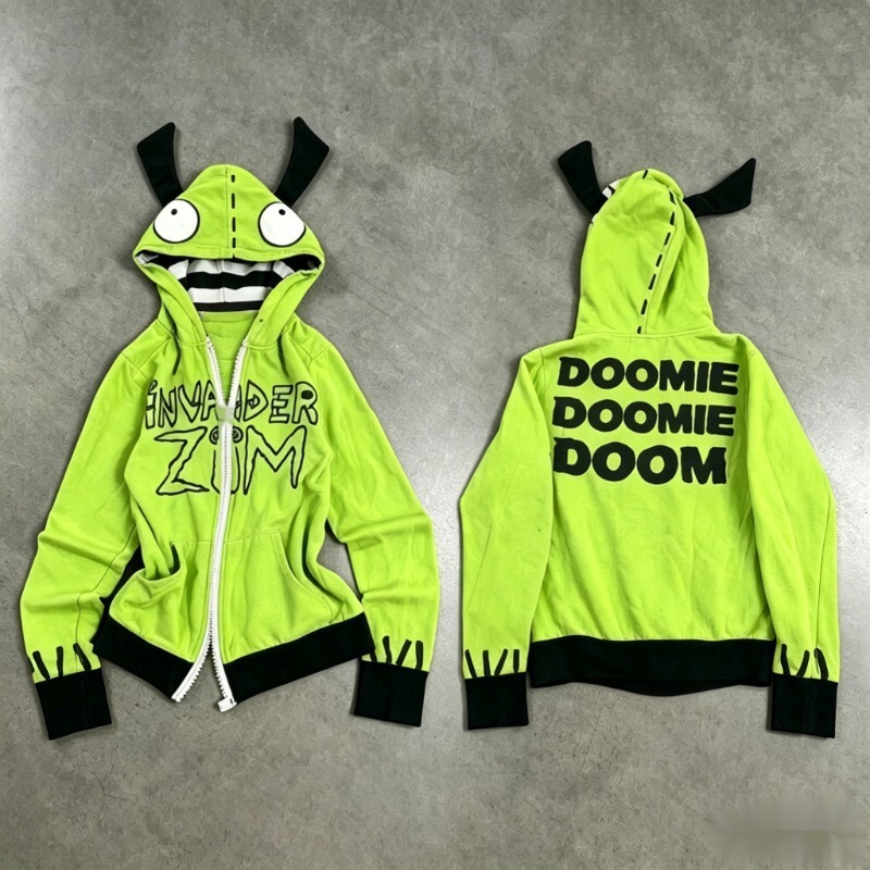 Japanese brand American retro early millennium Y2K alien invader monster horned hooded long-sleeve cardigan jacket Japanese brand American retro early millennium Y2K alien invader monster horned hooded long-sleeve cardigan jacket