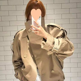 斜立领双排扣下摆收褶美拉德感短款风衣女2025秋季新款夹克潮