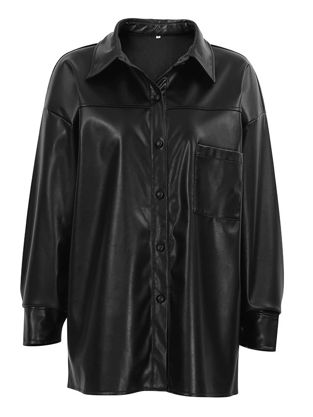 Black PU Leisure Shirt, European-Style Fashion Top with Stretch, Modern Chic for versatile leisure wear