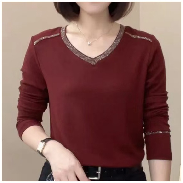 一件代发 2025年秋季新款气质烫钻长袖上衣弹力休闲女士显廋T恤衫|undefined