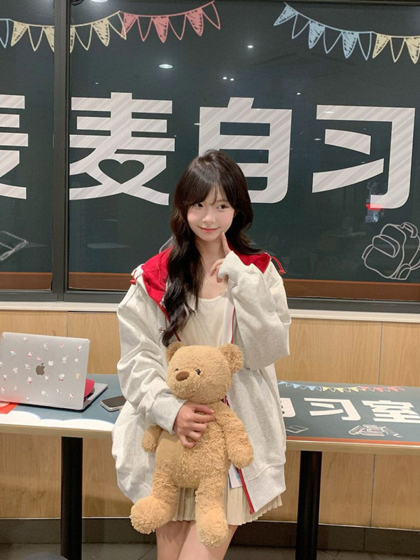 美式复古字母刺绣立领卫衣女秋冬加厚宽松慵懒风学生开衫拉链外套|undefined