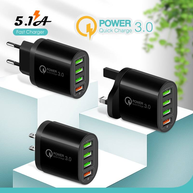 5.1A QC3.0 4USB fast charging multi-port mobile phone charger US regulations European regulations British regulations travel charging head Wholesale