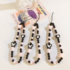 甜酷ins粉黑蝴蝶結混搭珠珠鏈手提吊墜通用手機掛繩ccd相機拍立得