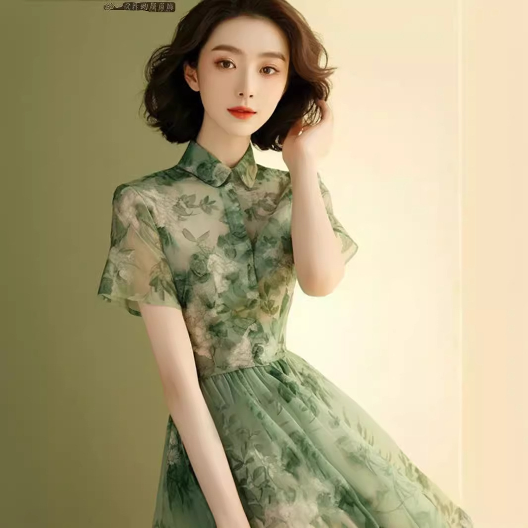 Đầm maxi nữ in hoa xanh dáng suông che bụng kiểu Pháp — váy xanh