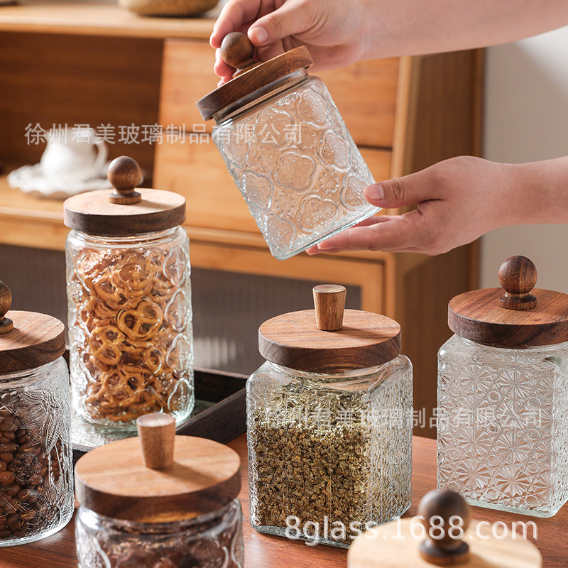 Tanque de almacenamiento de vidrio retro Begonia casera granos naranja frutas secas lata de almacenamiento de té lata de Acacia cubierta de madera mayorista