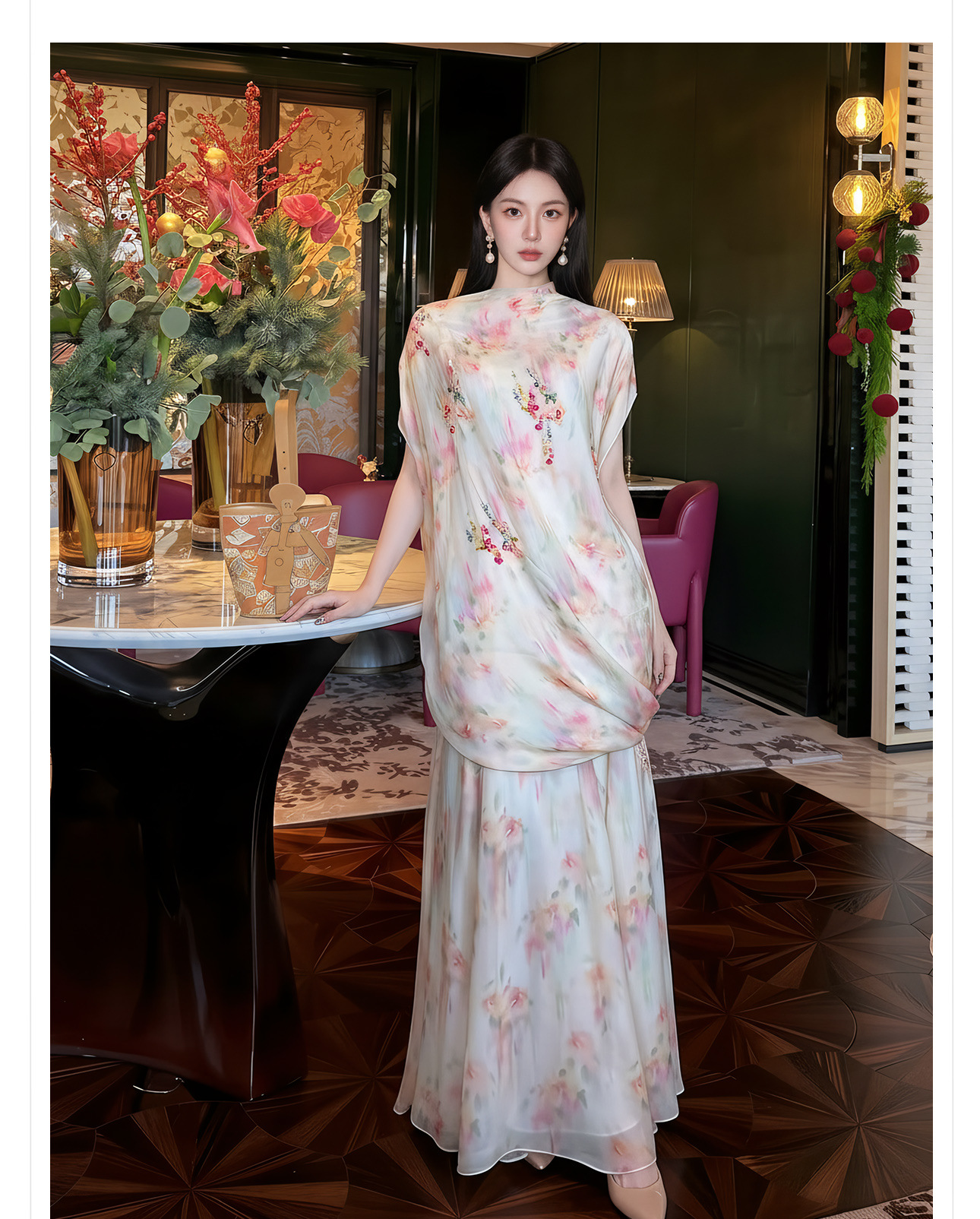 Bộ váy áo maxi thắt eo họa tiết hoa phong cách tân cổ điển — Trang chủ, bộ đồ, nửa váy chi tiết 5