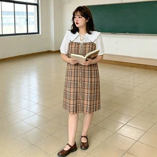 130-320斤加大码女装学院风假两件连衣裙夏季胖mm小个子短袖中裙