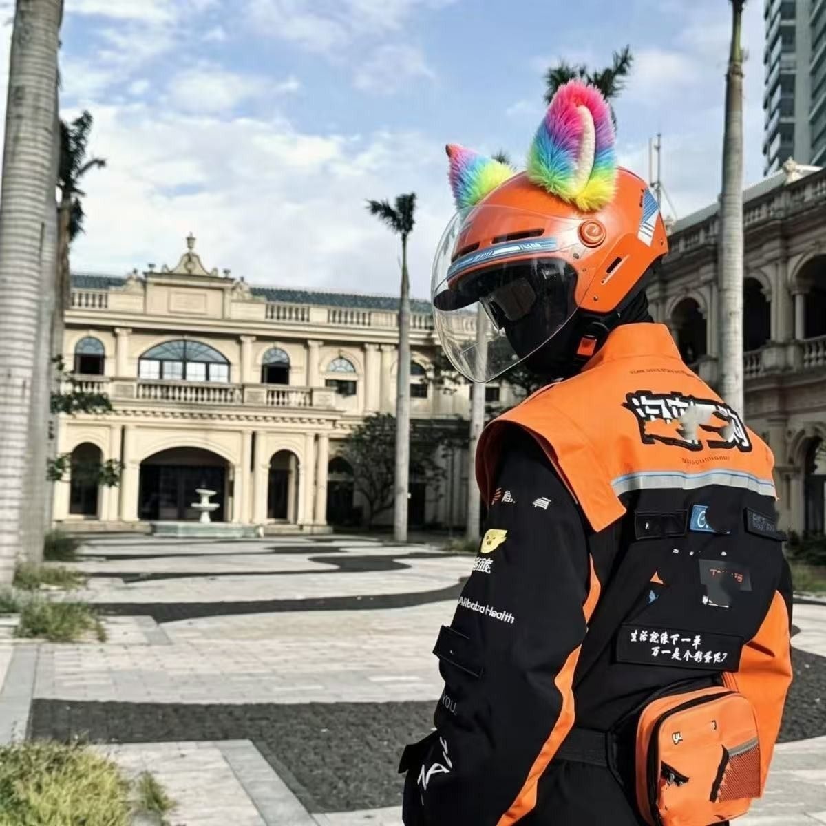New helmet decoration with colorful ears, motorcycle and electric vehicle delivery stickers, cute ski Meituan dolls