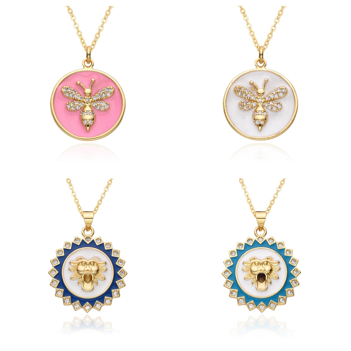 Gold Plated Plating Material Copper Gold Plated Enamel Inlay Round Lion Bee Zircon Pendant Necklace