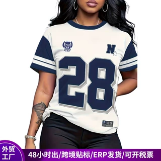 2026跨境美式高街休闲运动圆领撞色短袖T恤女夏季宽松印花球队服