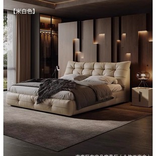 Italian Minimalist Large Black Bear Top-Layer Leather Bed Master Bedroom High-End Elegant 1.8m Soft-Packed Double Bed Bedroom Wedding Bed