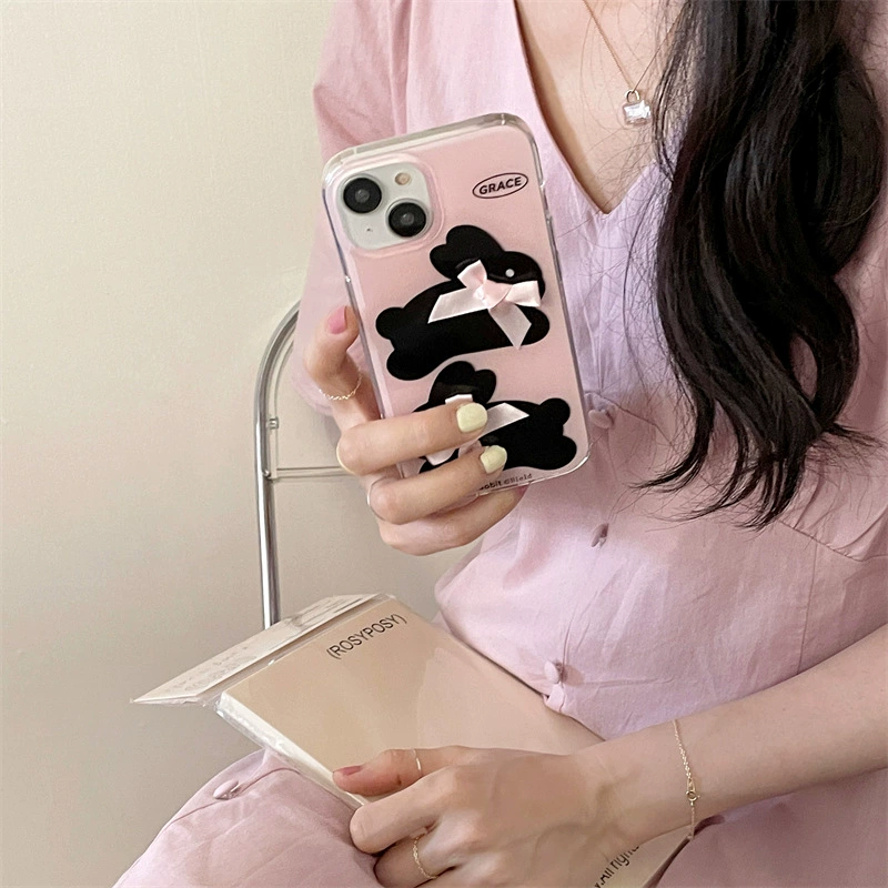 Чехол для телефона (Apple) iPhone 11–16 серии совместимый — 3D-заяц с бантом, прозрачный TPU