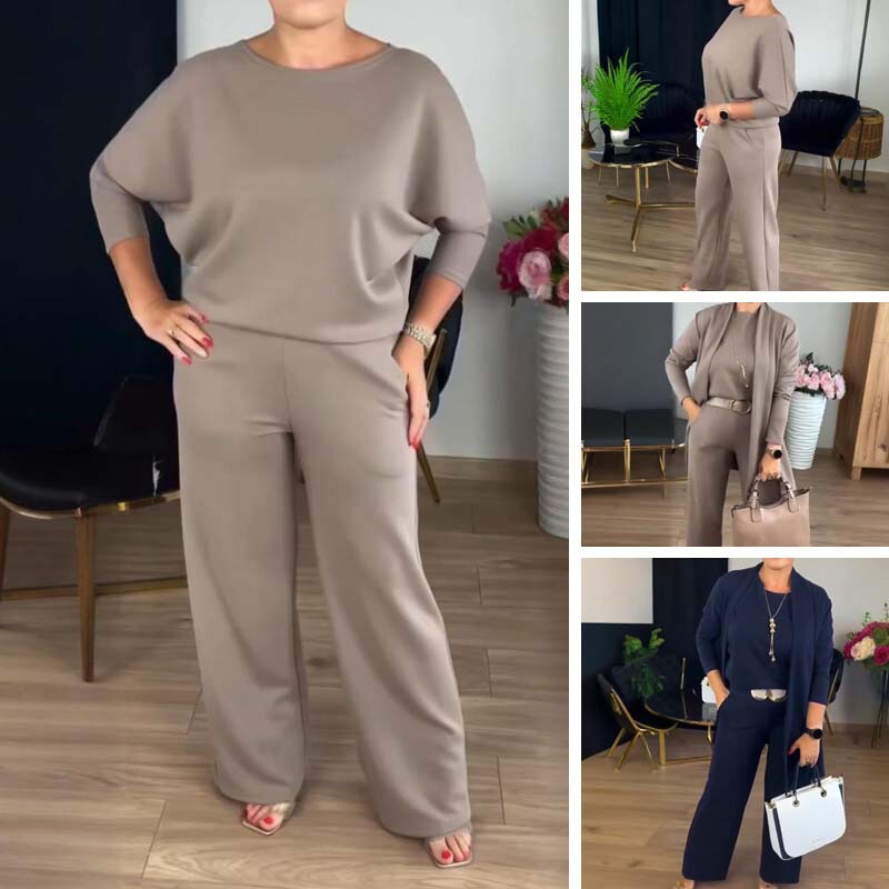 2025 European and American Cross-Border Independent Station Women's Solid Color Round Neck Long-Sleeved Top Belt Comfortable Pants Suit 3-Piece Set for Women